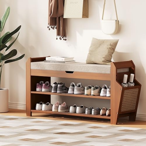 PETKABOO 31.5 Bamboo Shoe Rack Bench with Storage, 3-Tier Entryway Bench with Thick Cushion, Flip-Top & Side Baskets, Holds Up to 550 LBS for Hallway, Living Room, Bedroom