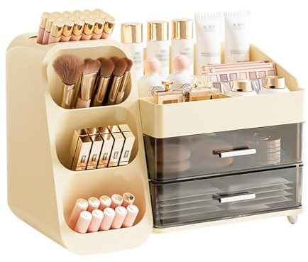 Puasok Rangement Maquillage Organisateur, Boîte Rangement Maquillage avec Tiroirs et Compartiments, Organisateur de Maquillage pour Coiffeuse, Salle de Bain ou Chambre (Blanc Crème)