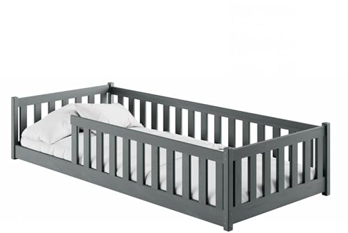 Kids Collective Kinderbett Bodenbett 90x200 cm mit Rausfallschutz, Matratze & Lattenrost Montessori Bett Bed Gitterbett Kinder Jugendbett Einzelbett | Graphit | von 4. bis 18. Lebensjahr