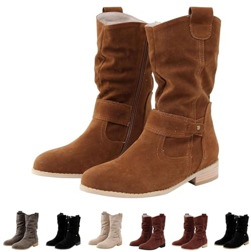 Damen-Stiefel, halbhoher Schaft, Retro, Vintage, elegant, Militärschuhe, Party, Boots, niedriger Absatz, rutschfest, breiter Schaft, modisch, Wildlederstiefel für Winter, Herbst, Frühling, braun, 40
