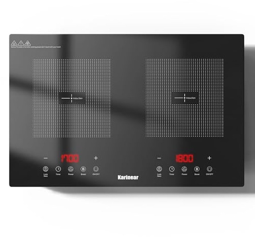 Karinear Plaque à induction 2 feux portable, fonction booster, minuterie de 240 minutes, verrouillage pour enfants, contrôle tactile, 220-240 V, 3 500 W, avec prise