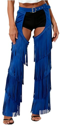 FEESHOW Mens Womens Cowgirl Cowboy Chaps Pants Fancy Dress Hollow Out Trouser for Halloween Party Blue XL