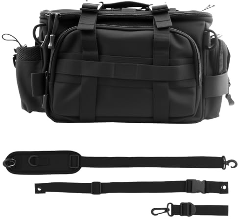 Sac de pêche - Sac de pêche - En tissu Oxford imperméable - Grande capacité - Multifonctionnel - Avec bandoulière rembourrée - Sangle ventrale - Pour pêcheurs - Noir