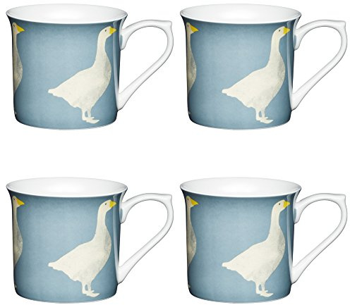 KitchenCraft ‘Goose’ Juego de 4 Tazas de Porcelana de Café o Té con Decoración de Gansos y Base Aptas para Microondas y Lavavajillas, 300 ml