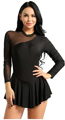 CHICTRY Ragazza Donna Vestito Danza Classica con Strass Manica Lunga Vestito Pattinaggio Artistico Balletto Body Ginnastica Schiena Scoperta Leotard Abito da Ballo Dancewear A Nero M