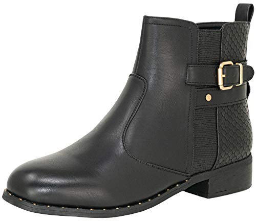 Fitters Footwear som passar kvinnor stövletter Sabrina PU-kängor med spänne och blockklack överdimensionerad (EU,), - svart - 42 EU