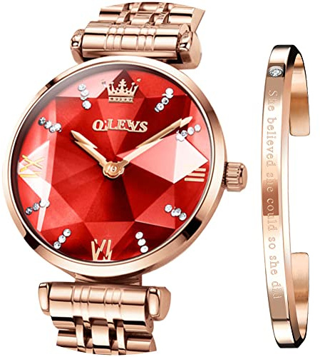 OLEVS Damen-Armbanduhr, japanisches Quarz, Roségold, Kristall, Edelstahl, modische Damen-Armbanduhr, wasserdicht, luxuriöses Kleid, Rotes Zifferblatt Uhr, Armband