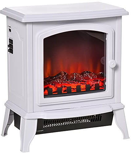 HOMCOM Chimenea Eléctrica 1000/2000W Chimenea Decorativa de Pie con Efecto de Llama Termostato Ajustable y Protección contra Sobrecalentamiento para Salas 20-25 m² 36,5x24x45,5 cm Blanco