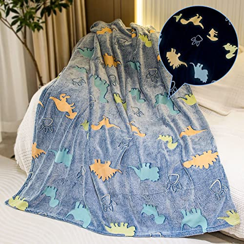 RAINBEAN Glow In The Dark Throw Blanket, Dinosaurs Blanket for Boys, Luminous Kids Blanket, Soft Flannel Fuzzy Blankets for Boys, Birthday ChristmasThanksgiving Day Gifts (127cm x 150cm)
