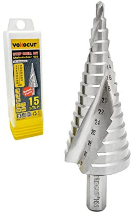 Step Drill Bit HSS M2 Fully Ground Step Drill Bit For Metal Spiral Grooved Multiple Hole Drilling Cone Drill Bit Stepped Up Bits For DIY Lovers with 10mm Tri-Flat Shank (4-32mm Step Bit -15 Steps)