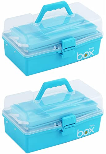 Kinsorcai 2PCS 12'' Three-Layer Clear Art Box Organizer, Multipurpose Plastic Craft Box with Handle (Blue)