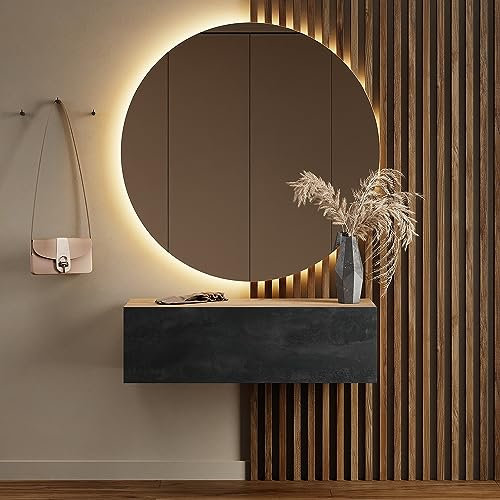 Planetmöbel Flur Möbel Garderobe Hängeschrank 1x 100 cm Gold Eiche - Schwarz Charcoal, Kompaktgarderobe mit Klappe als Stauraum, Wandgarderobe hängend oder stehend, 37,8T x 100B x 32,5H cm