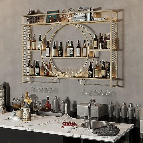 Weinregal Wand Eisen Mit Glashalter,Weinregal Palette Eisen,Wandmontierte Weinregal,Weinregal Für Die Bar,Wandbar,Wand Flaschenhalter,Küchenregal Hängend Weinregale,Flaschenregal,Weinglasregal ( Color