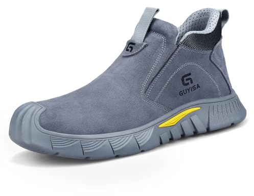 GLANOUDUN Welding Work Boots for Men - Grey Mid-Cut Slip on Steel Toe Shoes - Indestructible Steel Toe Boot for Welder Protective - ASTM Certified Safety Footwear for Construction & Industrial Use