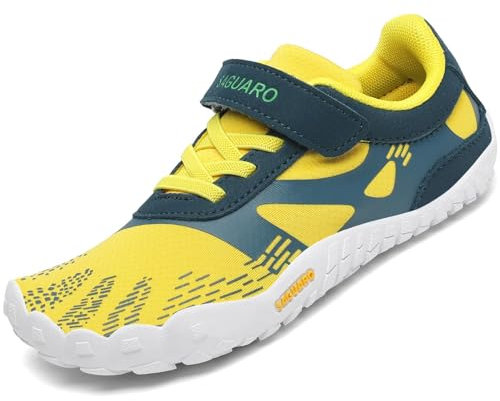 SAGUARO Kinder Barfußschuhe Jungen Atmungsaktiv Traillaufschuhe für Mädchen Sommer Unisex Zehenschuhe Outdoor rutschfest Freizeitschuhe Gelb 33 EU