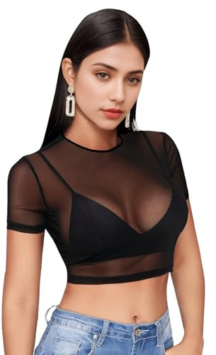 Maglia da donna in rete trasparente, sexy, a maniche lunghe, colore nero, leggera, in tulle, a rete, maglietta casual, Manica corta S, L