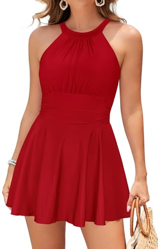 SHEKINI Women's High Neck One Piece Swimdress Ruched Tummy Control Swimsuit
