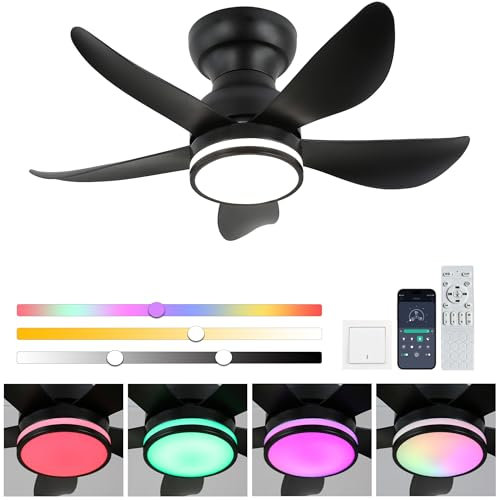 FRIXCHUR 30 Ceiling Fans with Lights and Remote, Black Low Profile Flush Mount Ceiling Fans with 5 Reversible Blades 6 Speeds, 3 Colors Dimmable+Ring Lights for Bedroom Living Room