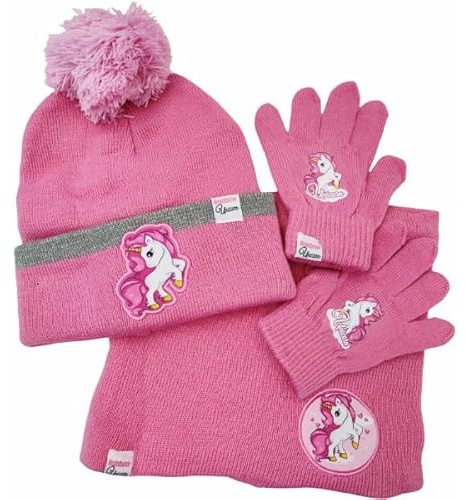 ILS I LOVE SHOPPING Lot de 3 pièces avec chapeau d'hiver, cache-cou écharpe et gants pour enfants, taille unique, doux et chaud, licorne rose, taille unique