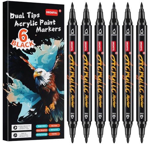 Droaful 6 Schwarz Acrylstifte für Steine Wasserfest, Spülmaschinenfest Bemalen für Steinen, Porzellan, Glas, Leinwand, Keramik, Holz, Metall, Kunststoff, Schnelltrocknend, Ungiftig und Geruchsneutra