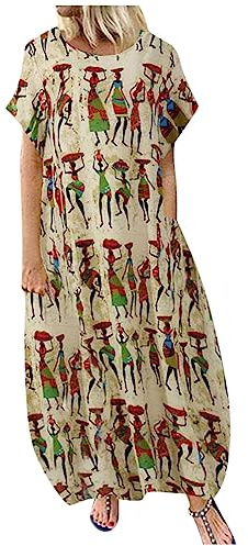 Generisch Sommerkleid Damen Leicht Lang Afrikanische Maxikleider Damen Sommer Elegant Ballonkleid Maxi Kurzarm Sommerkleider Leicht Luftig Kaftan Kleid Frauen mit Taschen Strandkleid Luftige Locker