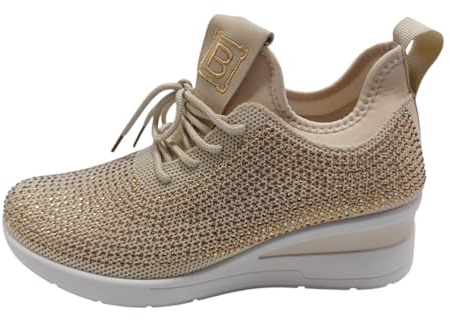 Laura Biagiotti Zapatillas Sneakers 8937 Tejido elástico de calcetín con cordón y tachuelas Memory Foam, beige, 38 EU