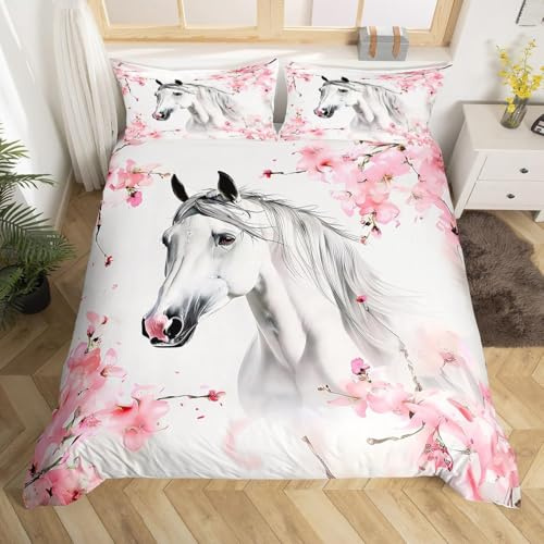 RZPFQB Cheval Blanc Parure de Lit 200 x 200 cm Chevaux Housse de Couette pour Enfant GarçOn Fille Ado 3D Wildlife Animal Linge de Lit Microfibre Couvre Lit