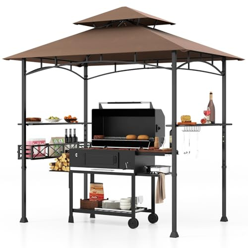 GOPLUS Grillpaviljong, grillpaviljong dubbeltak med 2 hyllor, 10 krokar, flasköppnare och förvaringskorg, grillbaldakin, grillskydd, väderbeständigt för utomhusbruk som trädgård, gård, terrass (brun)