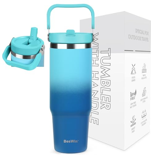BesWin Thermobecher 30oz Edelstahl Trinkflasche mit Strohhalm - 0.89 Liter Trinkbecher mit Henkel auslaufsicher - Flip Straw Tumbler - Doppelwandige Vakuumisolierung - Hell&Tiefblau