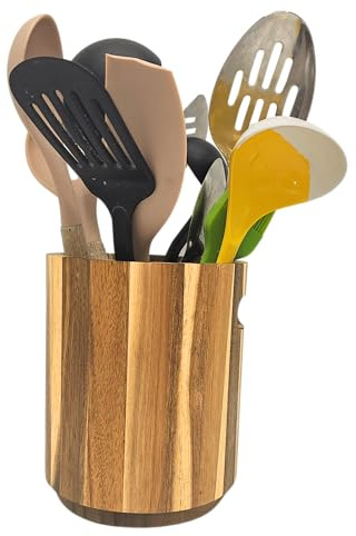 Porta posate e porta utensili da cucina in legno di acacia | Portautensili da cucina e organizer per bancone | Stile rustico country con divisore (Grande 15×18 cm)