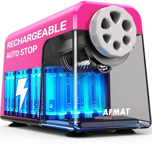 AFMAT Electric Pencil Sharpener Heavy Duty, 6 Holes, Rechargeable Pencil Sharpener with Container for Colored Pencils 6-11mm, Auto Stop,for School, Home, Classroom,Battery Operated,Pink PSD1
