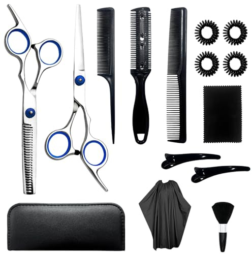 IKKAB Friseurschere Set 15-teilig, 6.7 Zoll Haarschneideschere & Effilierschere Profi für Damen, Herren, Kinder, Inkl. Schere Haare Schneiden, Bartscherschere, Frisörumhang & Zubehör