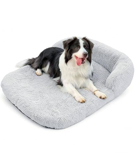 The Fellie Dog Mat, Fluffy Dog Crate Bed with U-Shape Bolster, Soft Small Dog Bed with Removable Cover, Calming Crate Mattress with Non-Slip Bottom, Grey, 65X50X4cm