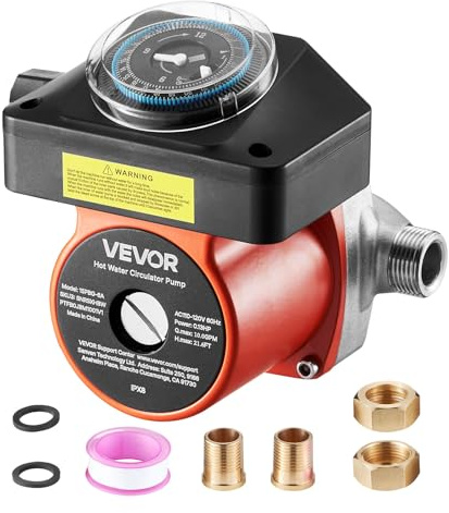 VEVOR Pompe de recirculation d'eau chaude 38 L/min, avec minuterie, système de pompe de circulation instantanée, 100 W, CA 220-240 V, adaptateur G3/4 vers G1/2, tête en acier inox, pour chauffe-eau