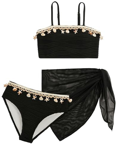Happy Cherry Ragazze Costumi da Bagno 3pz Set Bikini Top Tracolla Regolabile e Slip con Gonna a Rete Triangolare Costume Nuoto Surf Estivo Tinta Unita Nero 11 Anni