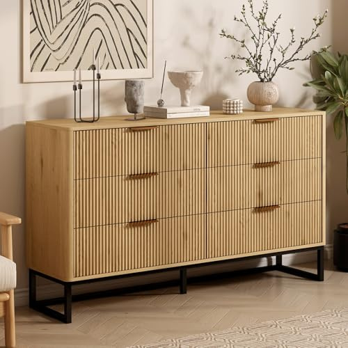 OOFAYJIA Sideboard Cabinet with 6 Drawers, Fluted Chest of Drawers, Farmhouse Dresser Storage Cabinet with Metal Legs for Living Room Kitchen Hallway,Natural