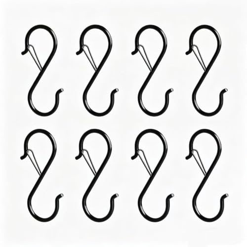 zffkz 8 Ganchos en S de Acero Inoxidable – 90 mm con Cierre de Seguridad para Barra hasta 3 cm – Ganchos Metálicos Resistentes para Cocina, Taller, Jardín y Armario – Negro