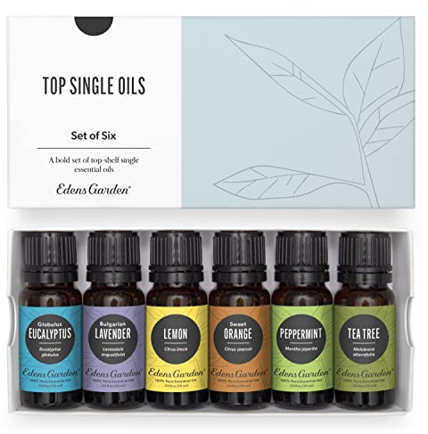 Edens Garden Top Essential Oils 6 Set – 100% Pure Therapeutic Grade, Undiluted: Lavender, Peppermint, Eucalyptus, Tea Tree, Lemongrass, Sweet Orange – Aromatherapy Oil for Diffusers, 10 ml/ 6 Pack