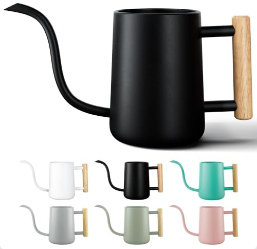 35 Ounce Metal Small Indoor Watering Can with Long Spout & Real Wood Handle for House Plants, Succulents, Cacti & Seedlings - Black Long Spout Watering Can Indoor Plants - Gentle Flow & No Spills
