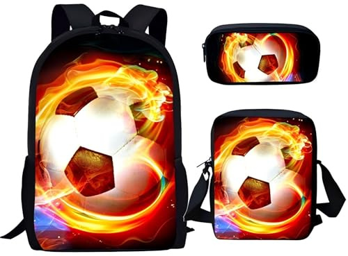Lengender Enfant garçon Sets de Sacs 3 pcs Sac à Dos Scolaires Cartable Ensemble, Football Backpack, Sac à bandoulière Simple et étui à Crayons (D)