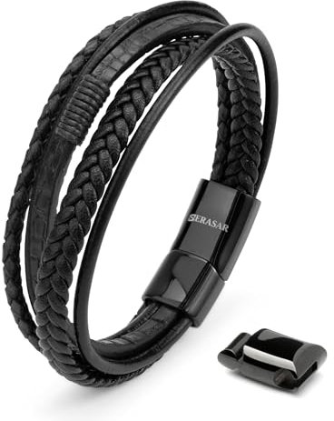 SERASAR Armbänder für Herren Leder Schwarz 23cm - Armband Männer Armreif Lederband Herrenschmuck Armkette Flecht Wickelarmband Kette Leather Bracelet