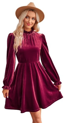 RPAEOY Vestido Mujer Elegante Terciopelo Manga Larga Cuello Alto Vintage Vestido Otoño Invierno Midi Vestidos de Fiesta Coctel Navidad Rojo L
