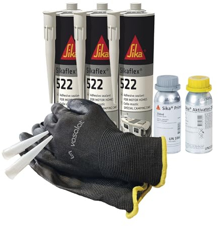 Sikaflex 522 Caravan schwarz 3x 300ml mit Aktivator 205, Primer 210 und 5x Düsenspitzen - ideal zur Abdichtung von Buntmetallen