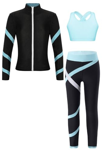 Jugaoge Mädchen Sport Bekleidungsset aus Bustier Top und Lange Hose Langarm Jacke mit Reisverschluss Fitness Yoga Training Tanz Outfits Hellblau 158-164