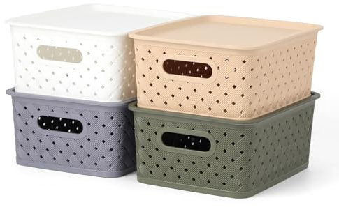 Yieseang 4 Stück Aufbewahrungskorb mit Deckel,Klein Aufbewahrungsboxen Organizer,Ordnungsboxen Kunststoff für Küchen Schrank, Badezimmer Regal,Kleiderschrank,Büro,24.7x19x10.5cm,4 Farben