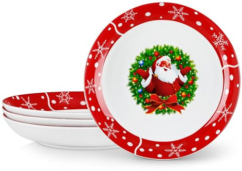 VEWEET, Juego de 4 Cuencos de Navidad para Pasta de Porcelana de 1440 ml, ∅ 26,7 cm, en Color Rojo, con Diseño Navideño de Papá Noel, Ideales para Sopa, Pasta y Ensaladas, Serie SANTACLAUS