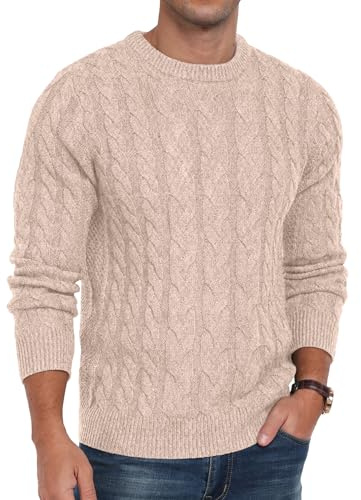 QIXING Jersey de punto trenzado para hombre, cuello redondo, casual, manga larga, suéter de punto grueso con borde acanalado, S
