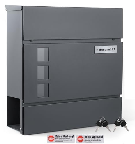 Zedelmaier XXL Personalisiert Briefkasten mit Edelstahl Namensschild Wandbriefkasten Postkasten C4 Briefkästen mit Zeitungsfach inkl. 4 Schlüsseln und Schloss Mailbox Groß Anthrazit 10,5 x 37 x 37
