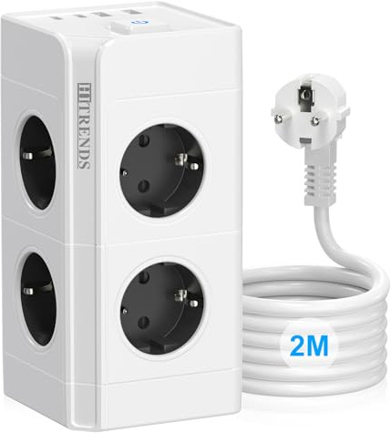 PABANCE 12-in-1 Mehrfachsteckdose mit USB, 8 Schuko + 2 USB-C + 2 USB-A Steckdosenleiste, 2m Kupferkabel, Kompakter Steckdosenturm mit Schalter, Weiß für Zuhause & Büro