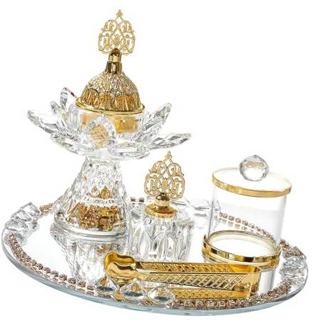 DEKKRYNFV Juego de quemadores de incienso de cristal dorado, diseño en forma de flor con tarro, pinzas de almacenamiento, juego de charola y accesorios para el hogar cultural árabe, estilos de Oriente